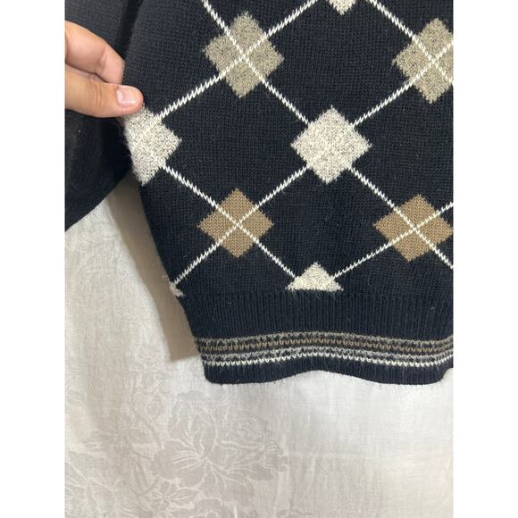 Vintage Brandini Sweater Large Black White Tan Argyle Crew Neck Wool Blend Italy - Picture 3 of 9